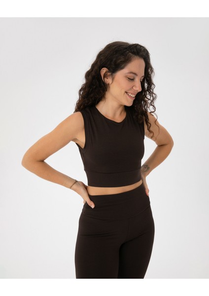 Kahverengi Sırt Dekolteli Drape Detaylı Crop Sırt Pencereli Büstiyer