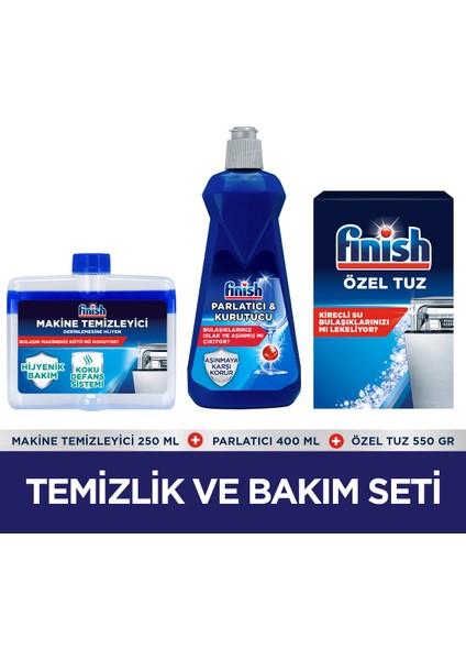 Temizlik ve Bakım Seti (Parlatıcı 400 ml + Makine Temizleyici Sıvı 250 ml + Tuz 500 gr)