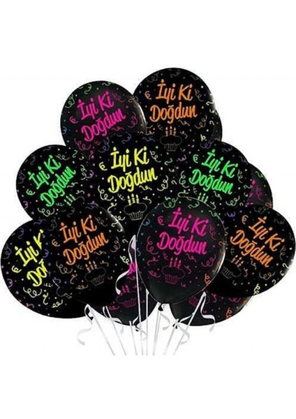 Iyi Ki Doğdun Renkli Baskılı Siyah Lateks Balon 12 Inç (25x30 Cm) 10’Lu Paket