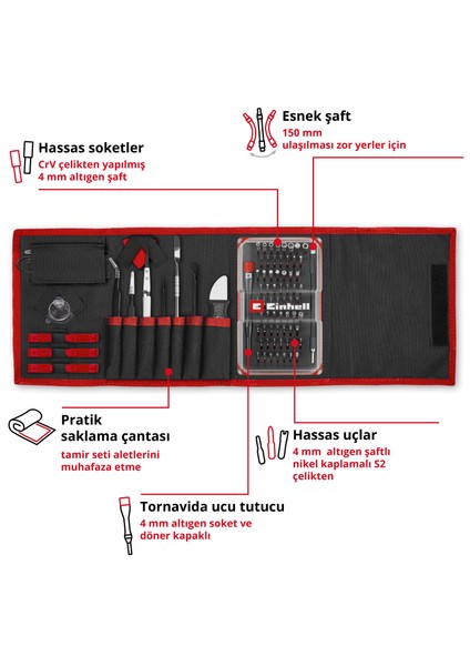 84 parçalı hassas ve elektronik tamir seti (hassas uçlar ve lokmalar, tornavida ucu tutucusu, esnek şaft uzatması, topraklama aparatı, plastik açma aparatı)