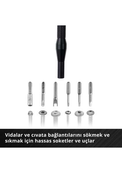 84 parçalı hassas ve elektronik tamir seti (hassas uçlar ve lokmalar, tornavida ucu tutucusu, esnek şaft uzatması, topraklama aparatı, plastik açma aparatı)