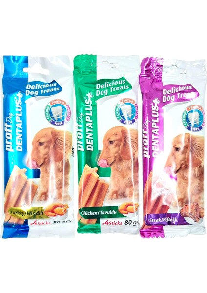 Dentaplus Hindili,Tavuklu ve Biftekli Köpek Ödülü 4 Çubuk 80 gr 3'lü Paket