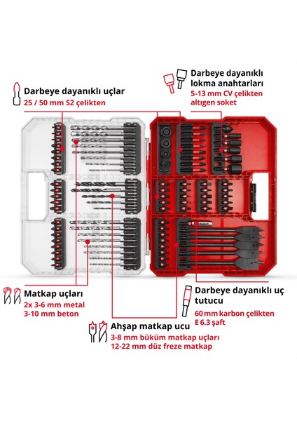 XL-CASE 95 parça darbeye dayanıklı uç ve matkap seti (uçlar, çeşitli matkap uçları, uç tutucu, lokma anahtarı, havşa, matkap durdurucu, pim anahtarı, saklama kutusu dahil