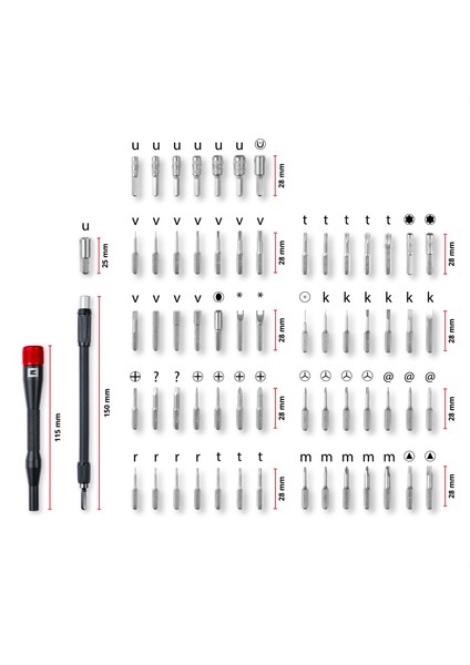 66 parçalı hassas ve elektronik tamir seti (hassas uçlar, hassas lokmalar, tornavida ucu tutucusu, esnek 150 mm uzatma, uzatma adaptörü ile)