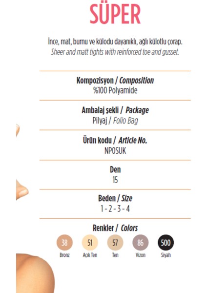 Ten Mat 15 Den Ince Renk No: 57 Süper Burnu ve Külodu Dayanıklı, Ağlı, Külotlu Çorap fiyatları
