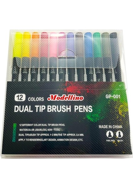 12 Renk Çift Taraflı Fırça ve Iğne Uçlu Dual Tip Brush Grip Fineliner Çift Uçlu Kalem