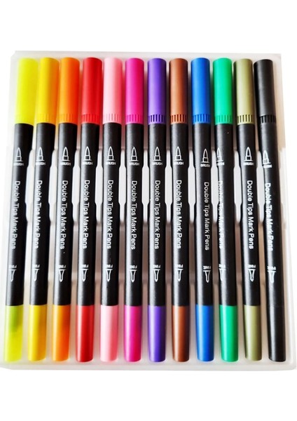 12 Renk Çift Taraflı Fırça ve Iğne Uçlu Dual Tip Brush Grip Fineliner Çift Uçlu Kalem