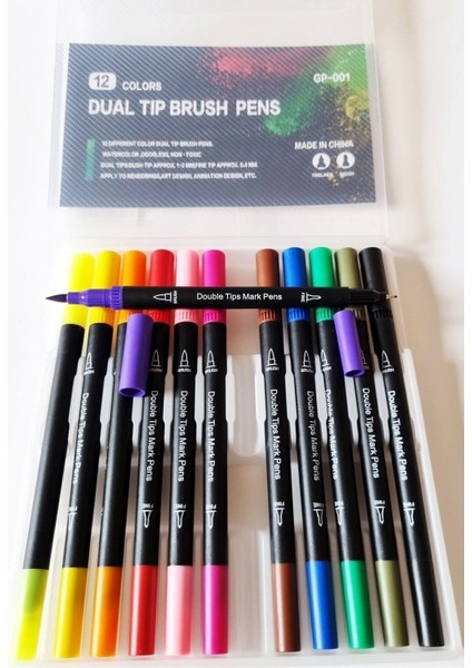 12 Renk Çift Taraflı Fırça ve Iğne Uçlu Dual Tip Brush Grip Fineliner Çift Uçlu Kalem