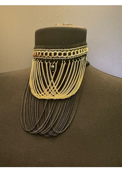 Altın Sarısı ve Siyah Zincirli Tasarım Kadın Boyun Kolye Boy 28 cm fırsatları