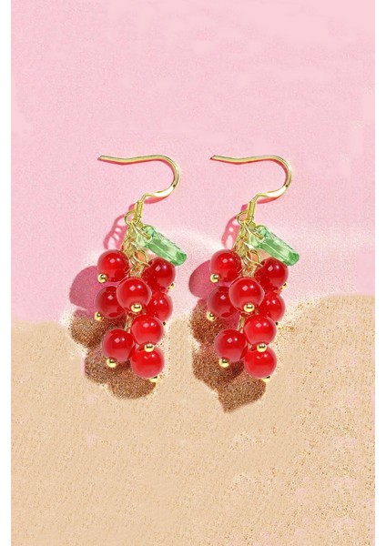 Boho Tarzı Kırmızı Üzüm Salkımı Sallantılı Çelik Küpe