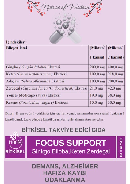 Odaklanma Hafıza Kaybı FOCUS SUPPORT Ginko Bloba,Keten,Zerdeçal İçeren Gıda Takviyesi 63 Bitkisel Tablet