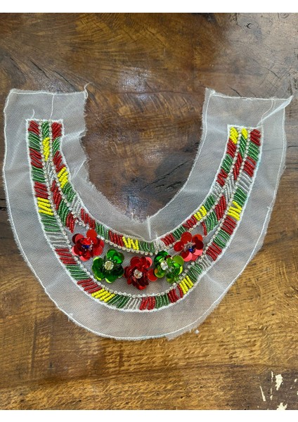 Renkli Boncuk Işleme Yaka Dikiş Aplike 24X9 cm