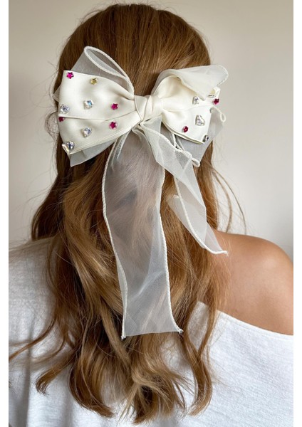 Loretta Tül ve Kristal Taş Detaylı Lüks Saten Fiyonk Toka