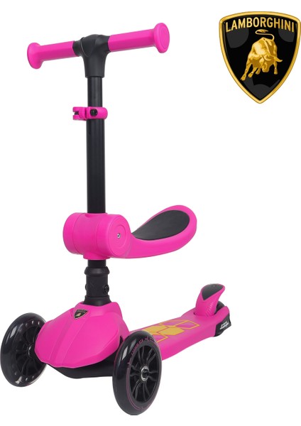 Lisanslı L5 2in1 Katlanabilir Oturaklı Işıklı 3 Tekerlekli Çocuk Scooter Pembe