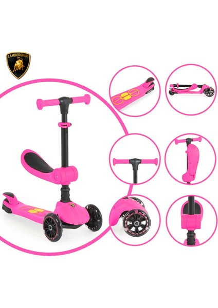 Lisanslı L5 2in1 Katlanabilir Oturaklı Işıklı 3 Tekerlekli Çocuk Scooter Pembe modelleri
