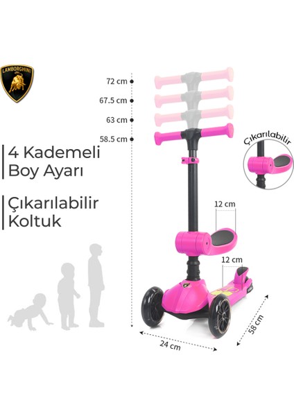 Lisanslı L5 2in1 Katlanabilir Oturaklı Işıklı 3 Tekerlekli Çocuk Scooter Pembe indirimleri