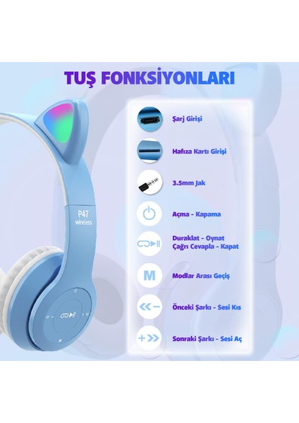 Kablosuz Kulaküstü Rgb Işıklı Kedili Bluetooth 5.0 Çocuk Kulaklığı Kulaklık P47M