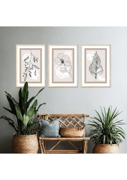 Zarif Soyut Çizimler - Lamine Çerçeveli 3'Lü Tablo Seti