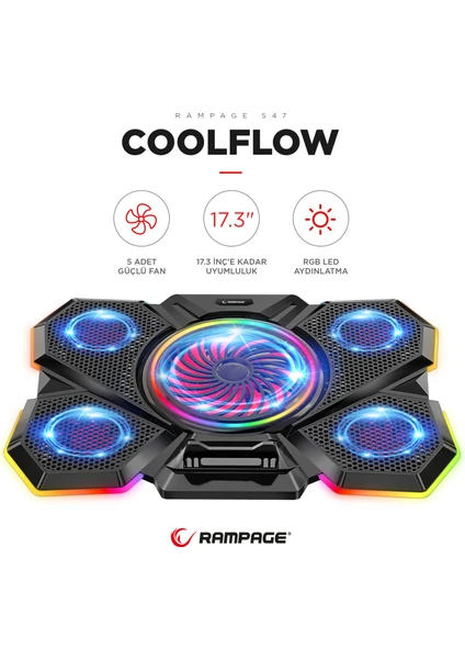 S47 Coolflow 5 Adet Kırmızı LED Fan 1 USB 7 Farklı Kademe Ayarı 10 17.3 Notebook Soğutucu Stand