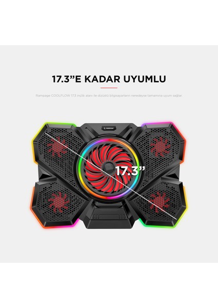 S47 Coolflow 5 Adet Kırmızı LED Fan 1 USB 7 Farklı Kademe Ayarı 10 17.3 Notebook Soğutucu Stand