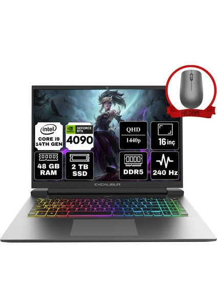 Casper excalibur Intel Core I9-14900HX 48GB 2tb SSD RTX4090/16GB 16'' Qhd Freedos Taşınabilir Bilgisayar G911.1490-EX90X-D & Anzar Mouse G9111390EX90XCA119