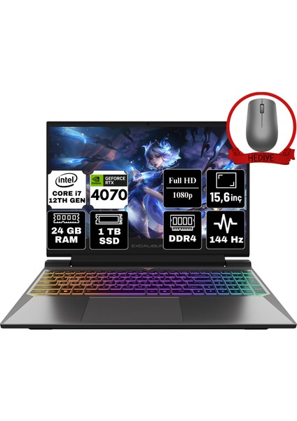 Excalibur Intel Core I7-12700H 24GB 1tb SSD RTX4070/8GB 15,6'' Fhd Windows 11 Home Taşınabilir Bilgisayar G870.1270-DX70X-B & Anzar Mouse G8701270DX70XB240