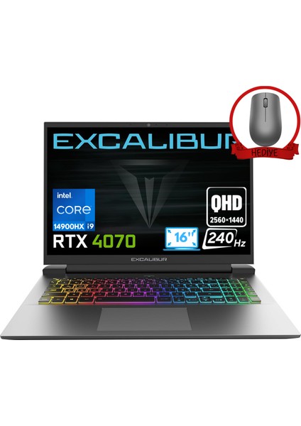 Excalibur Intel Core İ9-14900HX 8gb 4tb SSD RTX4070/8GB 16'' Qhd Windows 11 Pro Taşınabilir Bilgisayar G911.1490-DX70X-D & Anzar Mouse G9111490DX70XD452