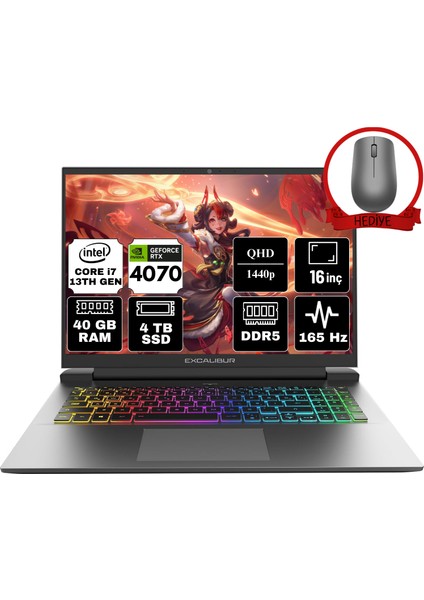 Excalibur Intel Core İ9-13900HX 40GB 4tb SSD RTX4070/8GB 16'' Qhd Windows 11 Pro Taşınabilir Bilgisayar G911.1390-DF70X-C & Anzar Mouse G9111390DF70XC372