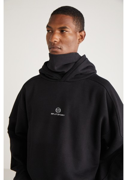 Joshua Erkek Kapüşonlu Oversize Kalıp Boyunluklu Siyah Sweatshirt