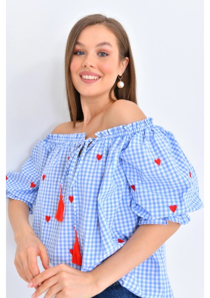 Kadın Mavi Pötikare Yakası Fırfırlı Oversize Dokuma Bluz fiyatları