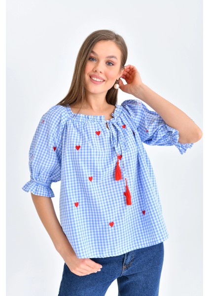 Kadın Mavi Pötikare Yakası Fırfırlı Oversize Dokuma Bluz modelleri