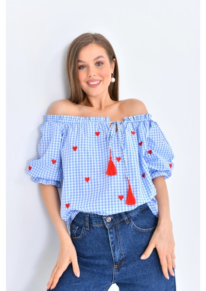 Kadın Mavi Pötikare Yakası Fırfırlı Oversize Dokuma Bluz fırsatları