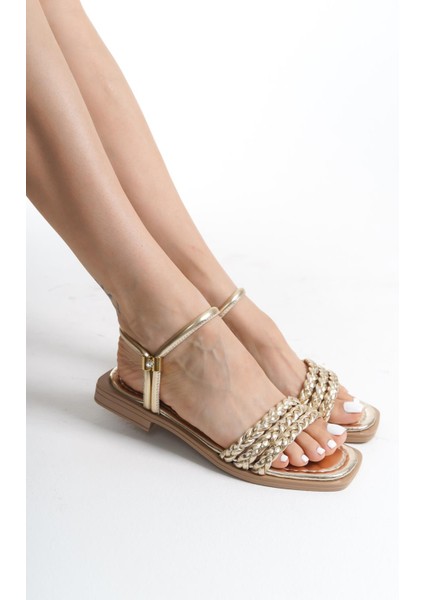 ARTI ARTI AYAKKABI MİA026-1550 Kadın El Örgülü Altın Abiye Günlük-Düğün-Eğlence-Tatil Terliği