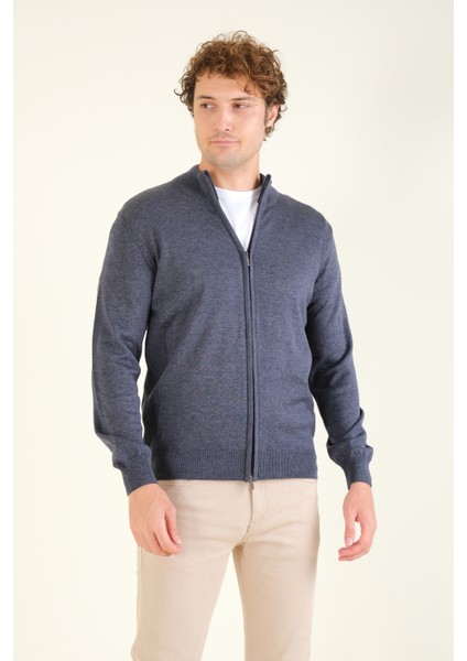 Erkek Dik Yaka Fermuarlı Hırka Indigo