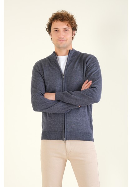 Erkek Dik Yaka Fermuarlı Hırka Indigo modelleri