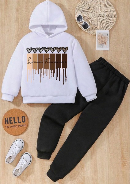 Özel Tasarım Kapüşonlu Spread Kındness Kalpler Baskılı Şardonlu Kışlık Kız Çocuk Şık Eşofman Takımı