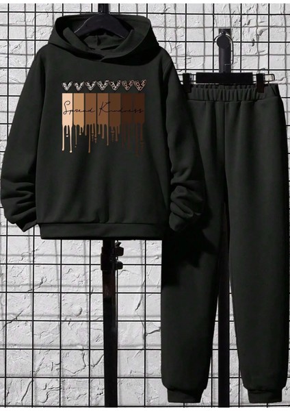 Özel Tasarım Kapüşonlu Spread Kındness Kalpler Baskılı Kışlık Kız Çocuk Şık Eşofman Takımı