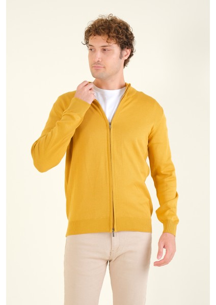 Erkek Dik Yaka Fermuarlı Hırka Hardal