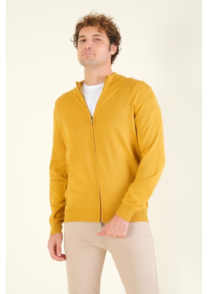 Erkek Dik Yaka Fermuarlı Hırka Hardal fiyatları