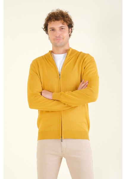 Erkek Dik Yaka Fermuarlı Hırka Hardal modelleri