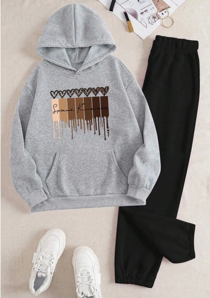 Özel Tasarım Kapüşonlu Spread Kındness Kalpler Baskılı Şardonlu Kışlık Kız Çocuk Şık Eşofman Takımı