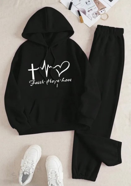 Özel Tasarım Kapüşonlu Faith Hope Love Baskılı Yeni Stil Kışlık Kız Çocuk Eşofman Takımı