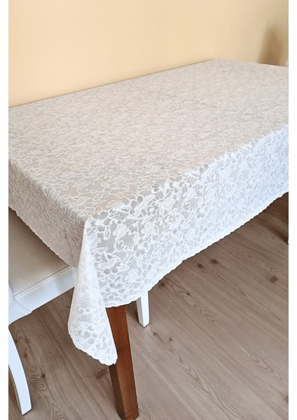 Dantel Motifli Muşamba Masa Örtüsü 140 x 180 cm - Beyaz Renk-Çiçek