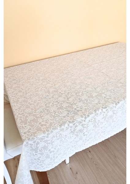 Dantel Motifli Muşamba Masa Örtüsü 120 x 150 cm - Beyaz Renk-Çiçek
