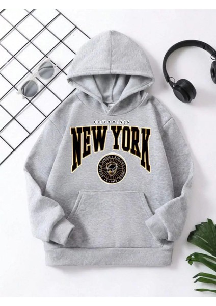 Çocuk Unisex Kapüşonlu Sarı New York Baskılı Pamuklu Sweatshirt - Gri