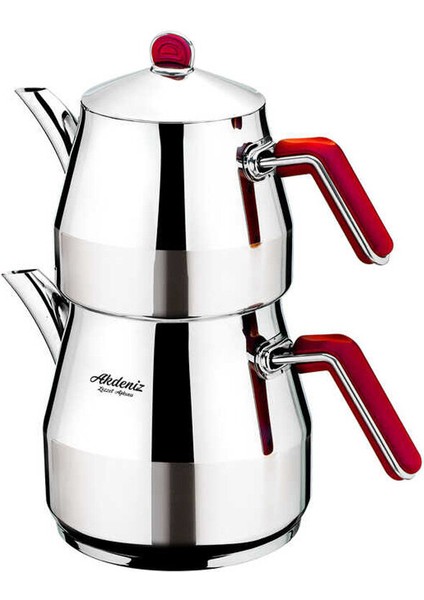 Çaydanlık Takımı Elmas Aile Boy Kırmızı Silver Bakalit Kulp AKD525-KIRMIZI