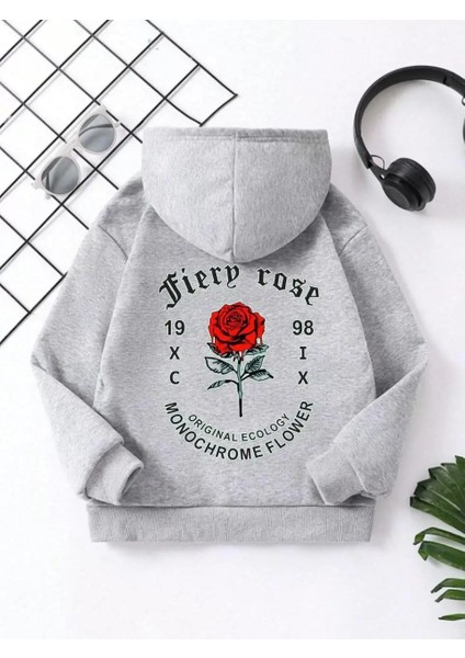 Çocuk Unisex Kapüşonlu Ön ve Arka Fiery Rose Baskılı Sweatshirt - Gri