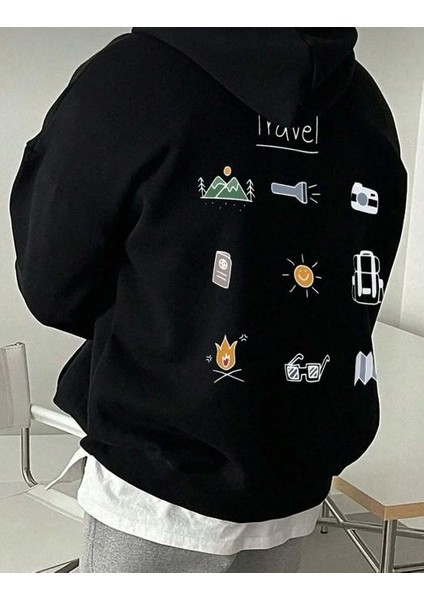 Oversize Erkek Travel Baskılı Siyah Kapüşonlu Sweatshirt