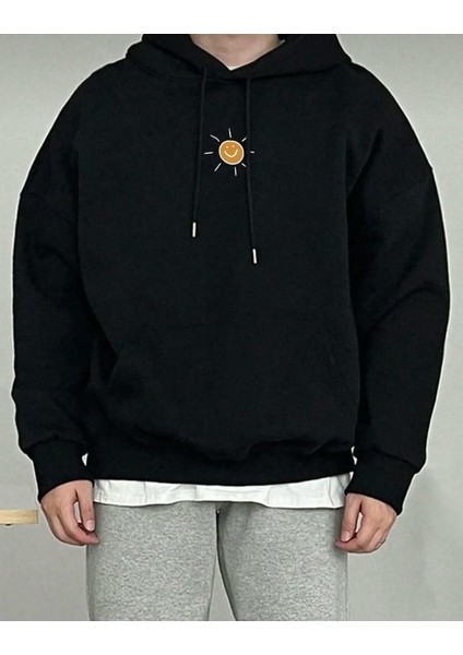 Oversize Erkek Travel Baskılı Siyah Kapüşonlu Sweatshirt