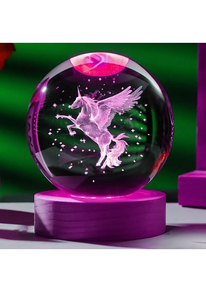 Büyük Boy Işıklı Ahşap Kaideli Kanatlı At Temalı Cam Küre 8cm